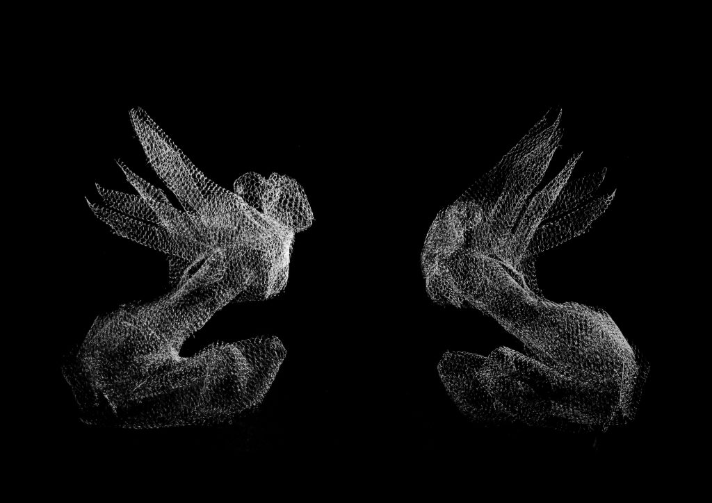 Rymdkvinnomyten, två nätskulpturer som tittar mot varandra fotograferade mot svart bakjgrund